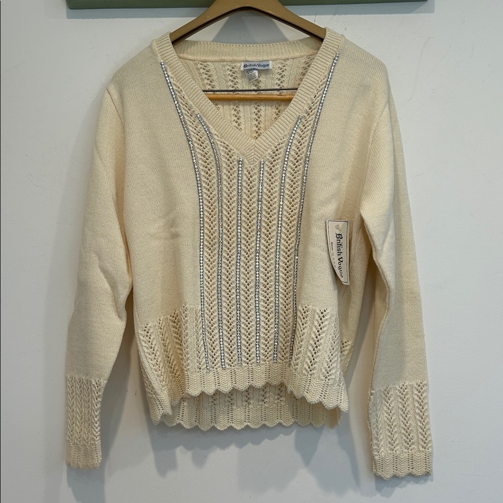 Vintage 1960s British Vogue Cream V-Neck Sweater Textured Knit rhinestones new